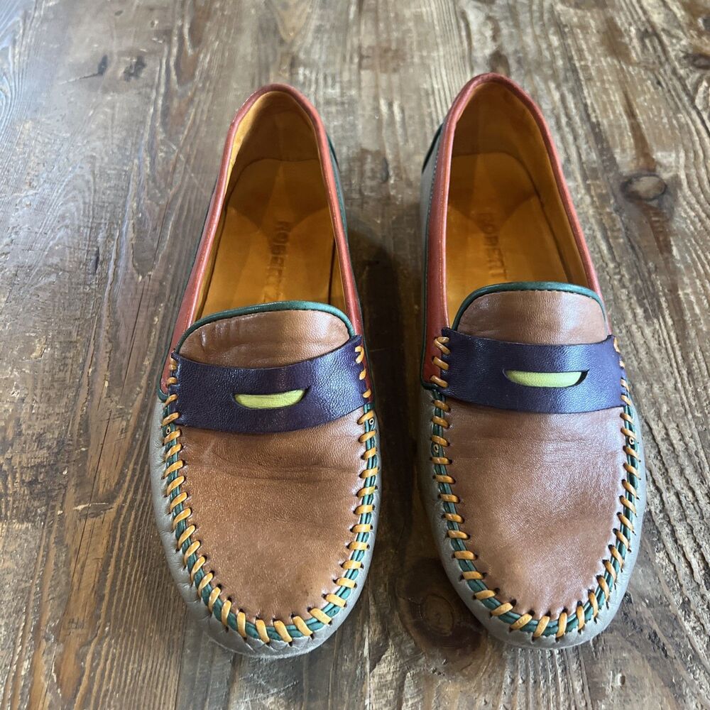 Robert Zur Leather Loafers Womens Size 7.5 Slip On Woven Color Block Shoes